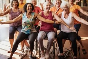 A group of mature women wearing activewear, smiling with arms wide.